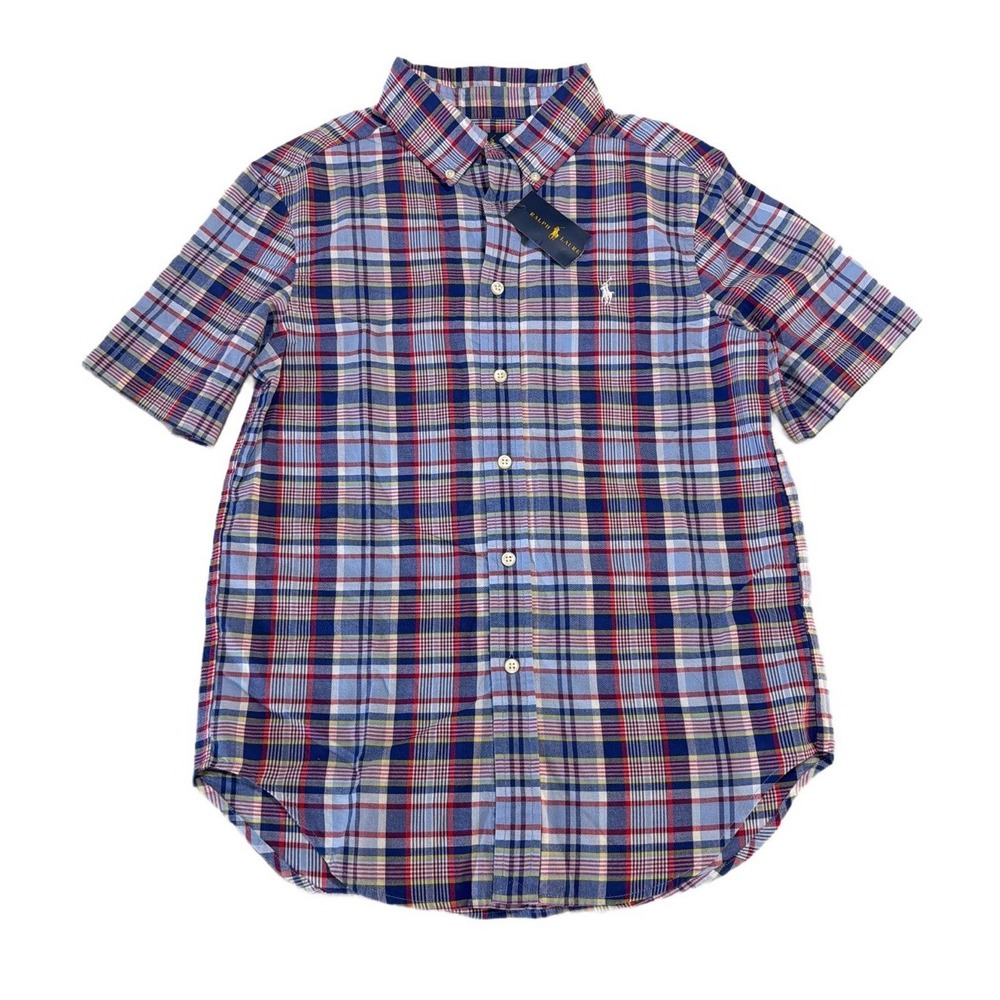 NWT Ralph Lauren Boys Short Sleeve Blue Red Plaid Button Down Shirt M (10/12)